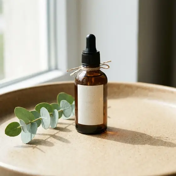The same bottle on a stone plate with eucalyptus