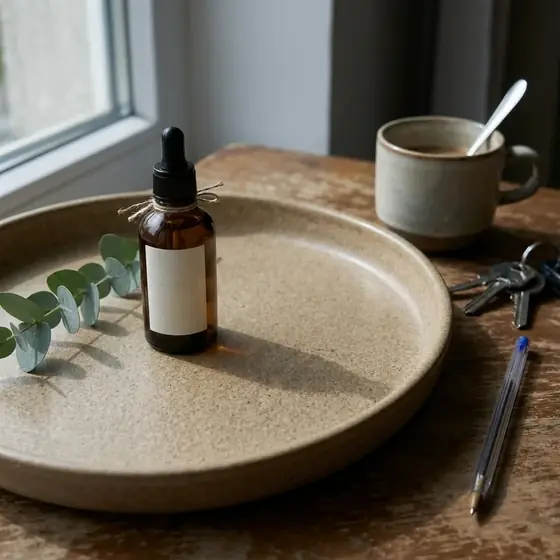 Phone photo of an amber dropper bottle on a cluttered table