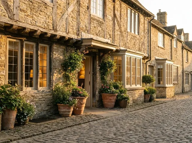 The stone front of a small inn at sunset, with flower pots by the door