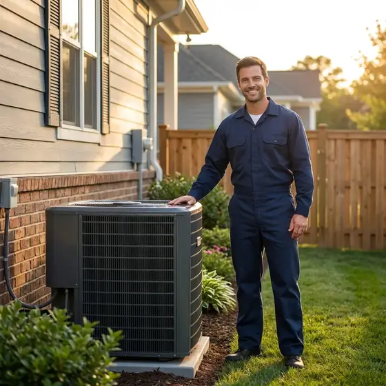 A technician next to an air conditioning unit outside a house